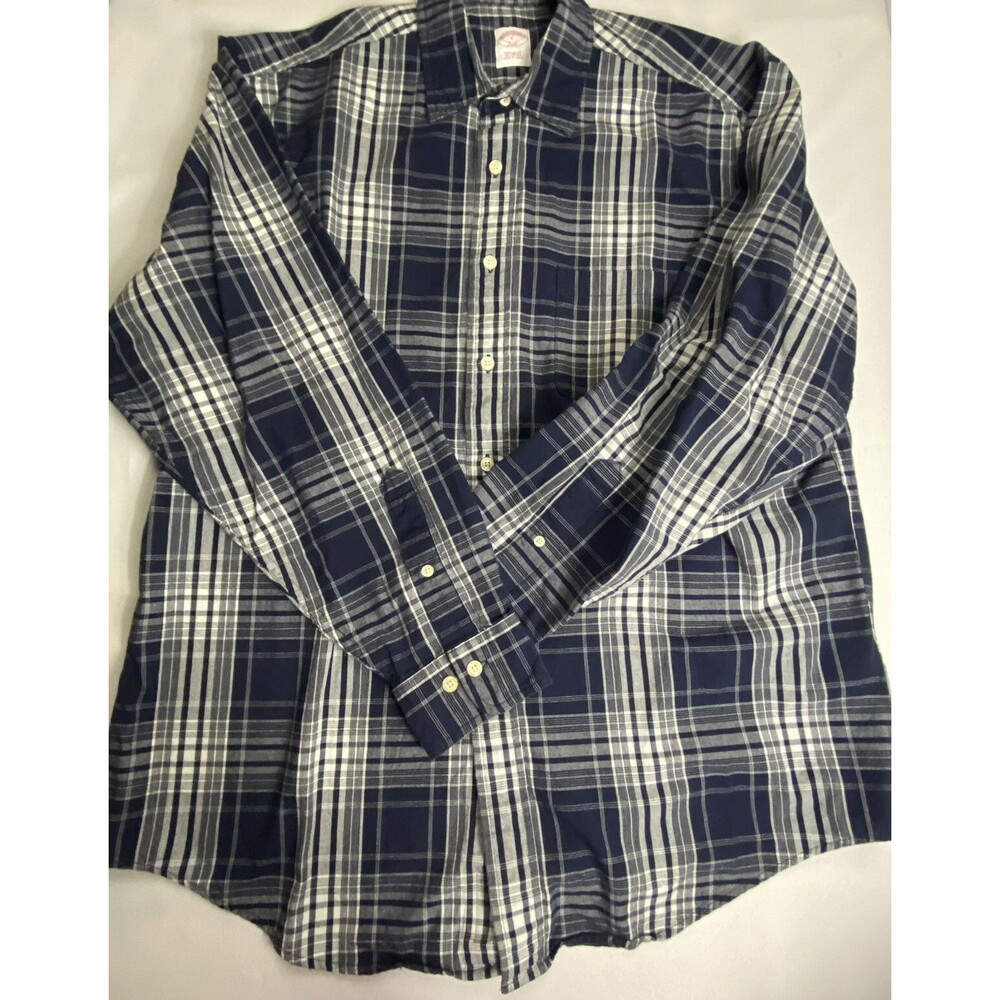 Brooks Brothers Mens Blue White Plaid Long Sleeve Button Up Size L